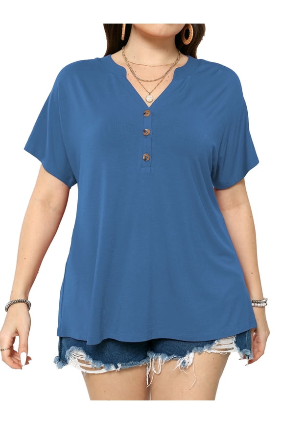 Women's Plus Size Tops Dropped Shoulder Short Sleeve Blouses Button Up V Neck T-Shirts,1X/2X/3X/4X