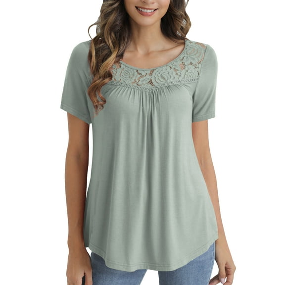 VERABENDI Women's Plus Size Tops Summer Short Sleeve Lady Tunic Shirts Lace Splicing Blouses,M-4XL