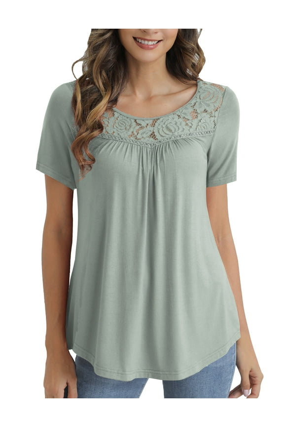 Women's Plus Size Tops Summer Short Sleeve Lady Tunic Shirts Lace Splicing Blouses,M-4XL