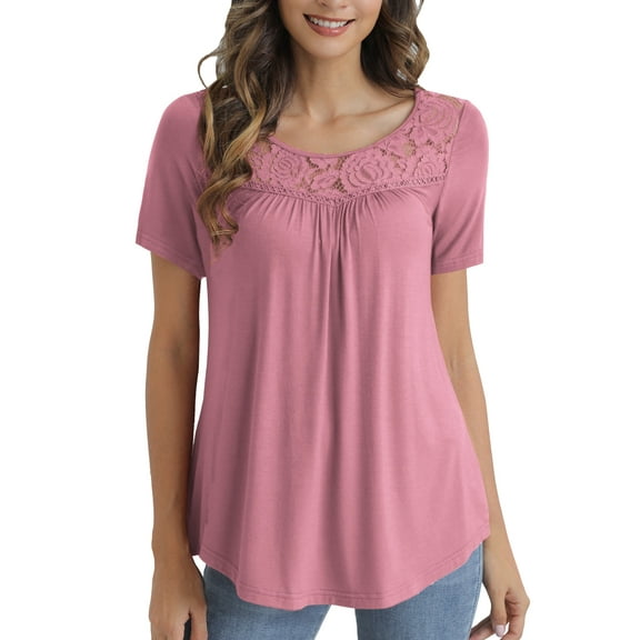 VERABENDI Women's Plus Size Tops Summer Short Sleeve Lady Tunic Shirts Lace Splicing Blouses,M-4XL