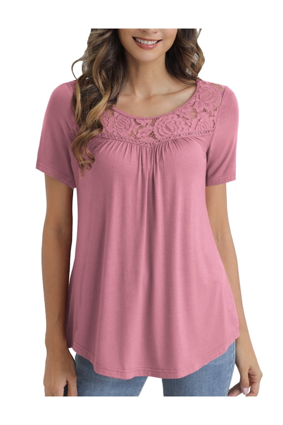 Women's Plus Size Tops Summer Short Sleeve Lady Tunic Shirts Lace Splicing Blouses,M-4XL