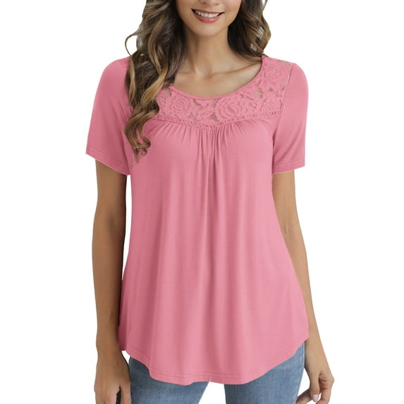 VERABENDI Women's Plus Size Tops Summer Short Sleeve Lady Tunic Shirts Lace Splicing Blouses,M-4XL