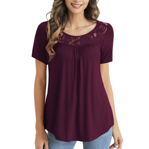 VERABENDI Women's Plus Size Tops Summer Short Sleeve Lady Tunic Shirts Lace Splicing Blouses,M-4XL