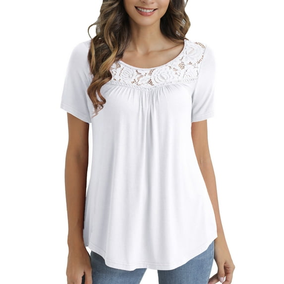 VERABENDI Women's Plus Size Tops Summer Short Sleeve Lady Tunic Shirts Lace Splicing Blouses,M-4XL