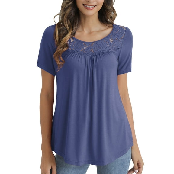 VERABENDI Women's Plus Size Tops Summer Short Sleeve Lady Tunic Shirts Lace Splicing Blouses,M-4XL