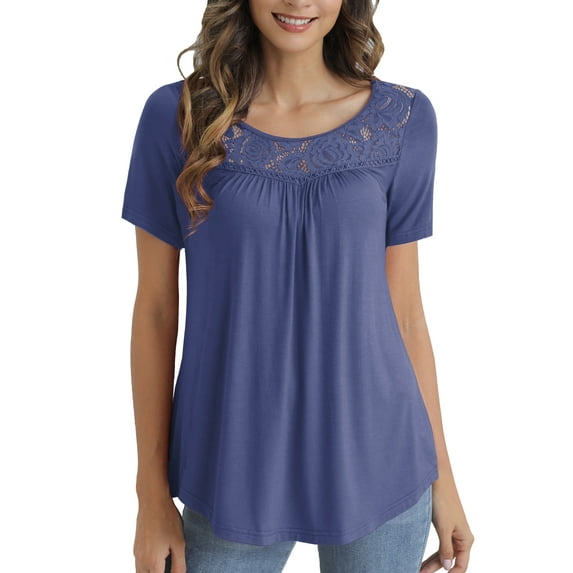 VERABENDI Women's Plus Size Tops Summer Short Sleeve Lady Tunic Shirts Lace Splicing Blouses,M-4XL