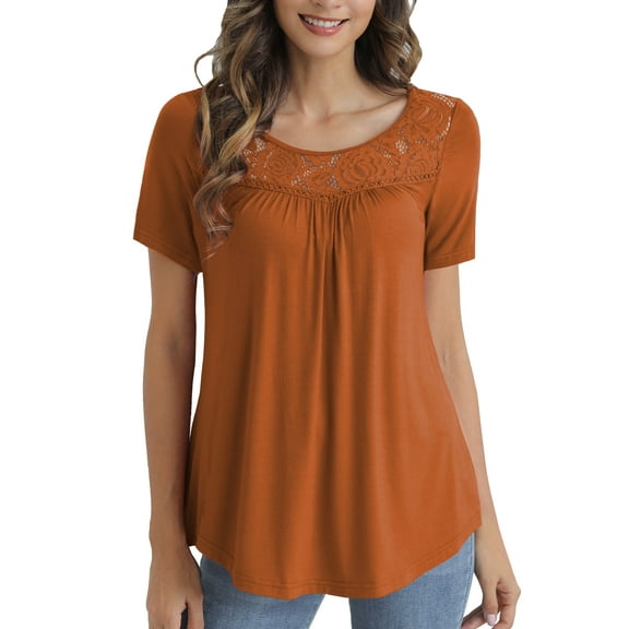 VERABENDI Women's Plus Size Tops Summer Short Sleeve Lady Tunic Shirts Lace Splicing Blouses,M-4XL