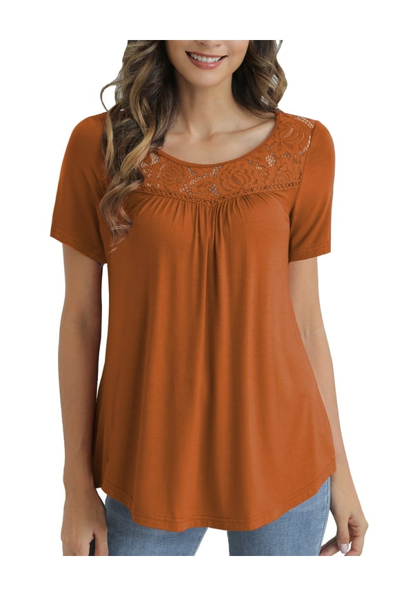 Women's Plus Size Tops Summer Short Sleeve Lady Tunic Shirts Lace Splicing Blouses,M-4XL