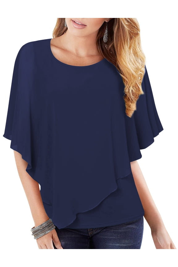 Women's Plus Size Tops Summer Flowy Shirts Double-Layered Printed Chiffon Poncho Loose Tunic Blouse (M-4XL)