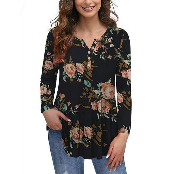 VERABENDI Women's Plus Size Tunic Tops Long Sleeve Henley T-Shirt Floral Casual Swing Blouses,M/L/1X/2X/3X/4X