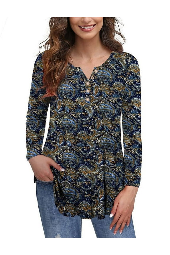 Women's Plus Size Tunic Tops Long Sleeve Henley T-Shirt Floral Casual Swing Blouses,M/L/1X/2X/3X/4X