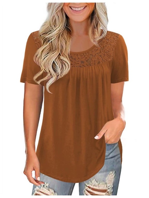 Women's Plus Size Tunic Tops Short Sleeve Casual Lace Pleated Shirts Summer Blouses,M-4XL