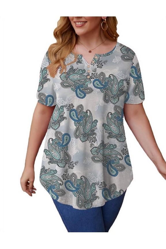 Women’s Plus Size Tunic Tops Summer Short Sleeved Henry Shirts Casual Floral Blouses,M-4XL