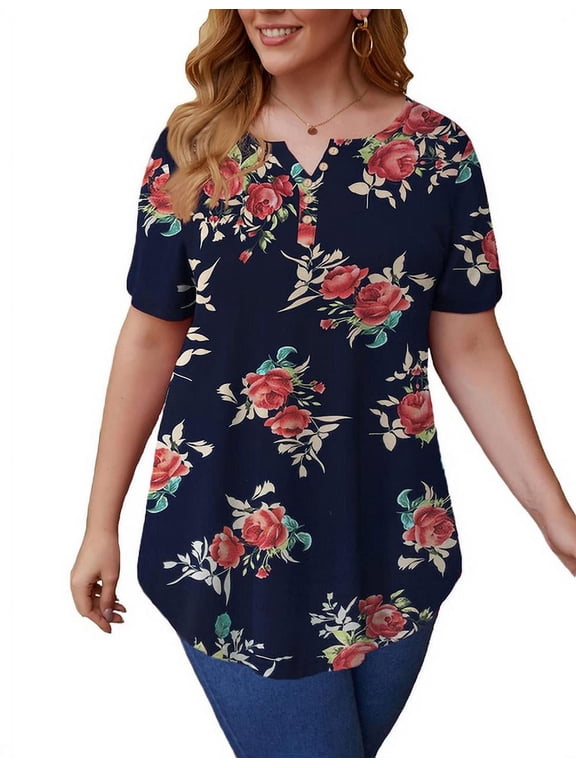 Women’s Plus Size Tunic Tops Summer Short Sleeved Henry Shirts Casual Floral Blouses,M-4XL