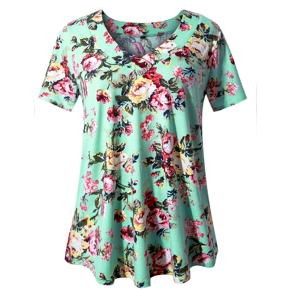 VERABENDI Women's Tunic Tops Plus Size Short Sleeve V-neck Floral Blouses Henley T-Shirts,M-4XL