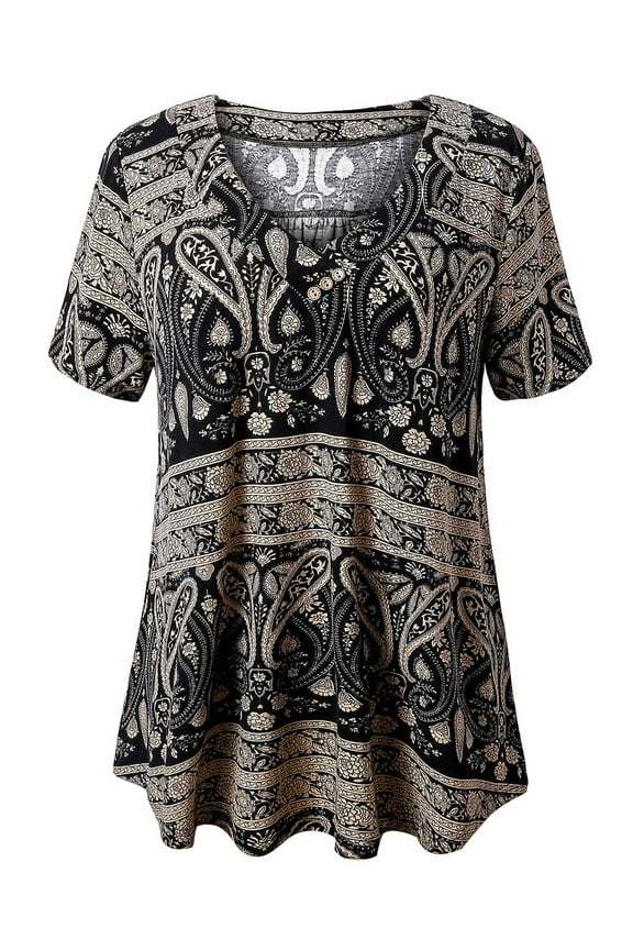 Women's Tunic Tops Plus Size Short Sleeve V-neck Floral Blouses Henley T-Shirts,M-4XL