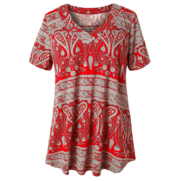 VERABENDI Women's Tunic Tops Plus Size Short Sleeve V-neck Floral Blouses Henley T-Shirts,M-4XL