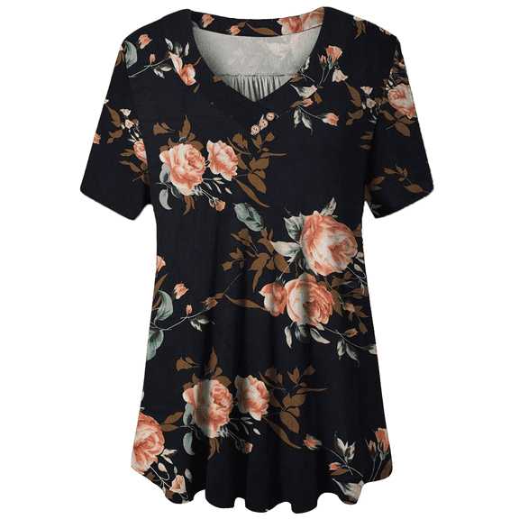 VERABENDI Women's Tunic Tops Plus Size Short Sleeve V-neck Floral Blouses Henley T-Shirts,M-4XL