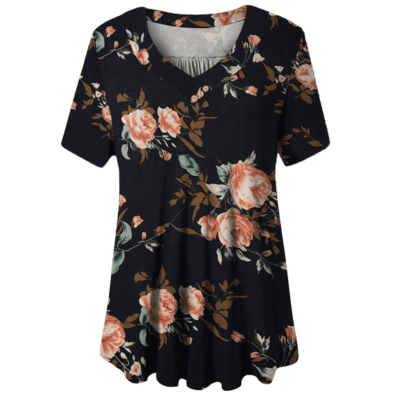 VERABENDI Women's Tunic Tops Plus Size Short Sleeve V-neck Floral Blouses Henley T-Shirts,M-4XL