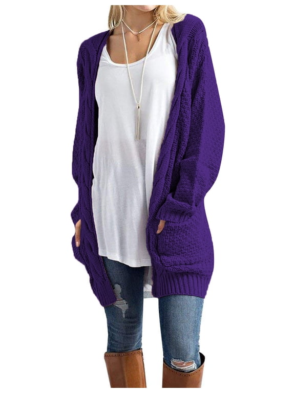 Women's Sweaters Long Sleeve Front Open Thick Chunky Cable Knit Loose Pocket Cardigan (S-XL)