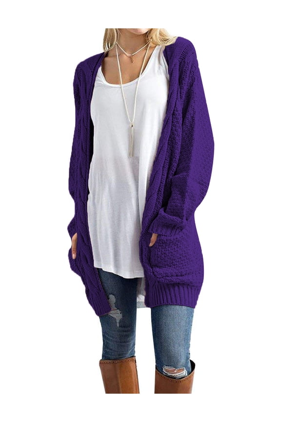 Women's Sweaters Long Sleeve Front Open Thick Chunky Cable Knit Loose Pocket Cardigan (S-XL)