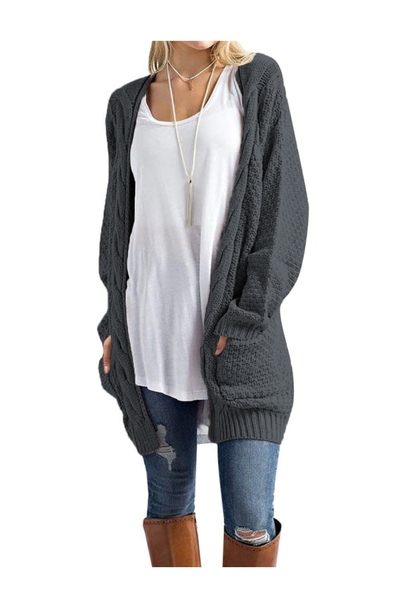 Women's Sweaters Long Sleeve Front Open Thick Chunky Cable Knit Loose Pocket Cardigan (S-XL)