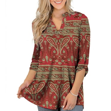 VERABENDI Women's Tops Plus Size 3/4 Length Long Sleeve Shirts Dressy Casual V Neck Tunic Blouses (M-4XL)