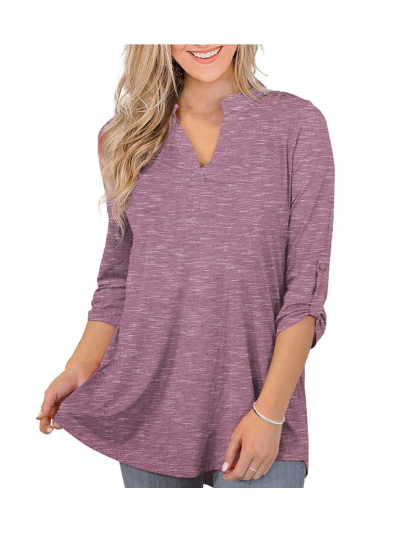 Women's Tops Plus Size 3/4 Length Long Sleeve Shirts Dressy Casual V Neck Tunic Blouses (M-4XL)