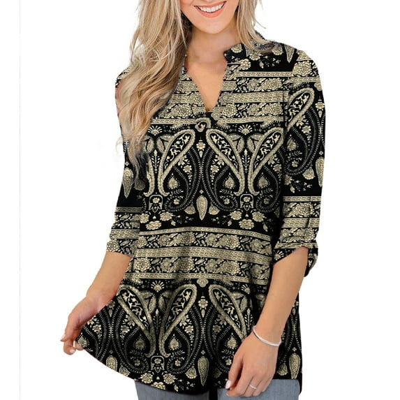 VERABENDI Women's Tops Plus Size 3/4 Length Long Sleeve Shirts Dressy Casual V Neck Tunic Blouses (M-4XL)