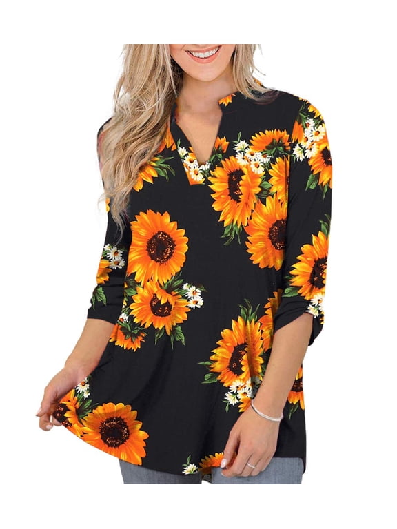 Women's Tops Plus Size 3/4 Length Long Sleeve Shirts Dressy Casual V Neck Tunic Blouses (M-4XL)
