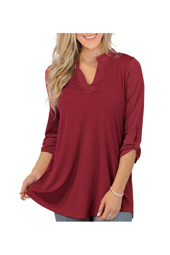 Women's Tops Plus Size 3/4 Length Long Sleeve Shirts Dressy Casual V Neck Tunic Blouses (M-4XL)