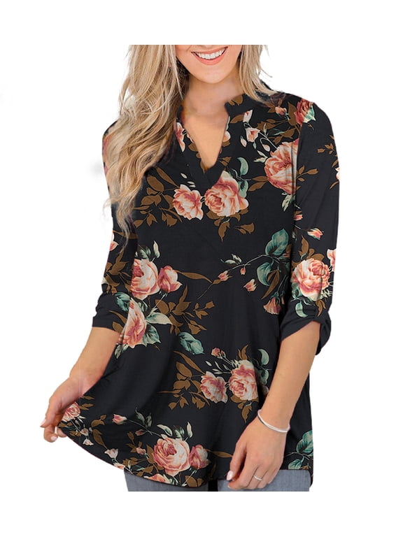 Women's Floral Printed V Neck Tunic, 3X-Large, 95% Polyester/Rayon