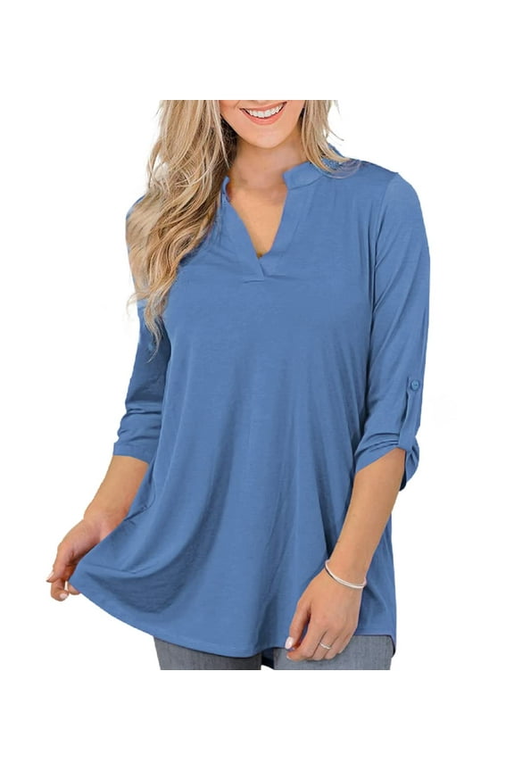Women's Tops Plus Size 3/4 Length Long Sleeve Shirts Dressy Casual V Neck Tunic Blouses (M-4XL)