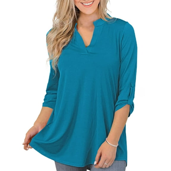 VERABENDI Women's Tops Plus Size 3/4 Length Long Sleeve Shirts Dressy Casual V Neck Tunic Blouses (M-4XL)
