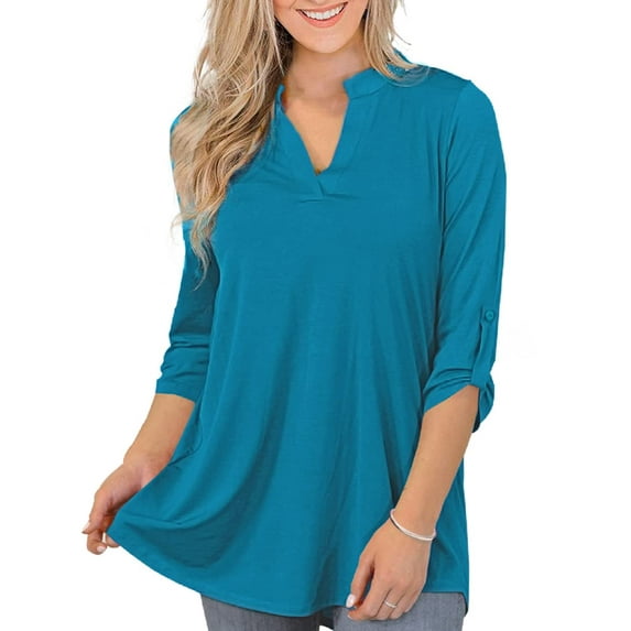 VERABENDI Women's Tops Plus Size 3/4 Length Long Sleeve Shirts Dressy Casual V Neck Tunic Blouses (M-4XL)