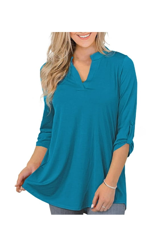 Women's Tops Plus Size 3/4 Length Long Sleeve Shirts Dressy Casual V Neck Tunic Blouses (M-4XL)