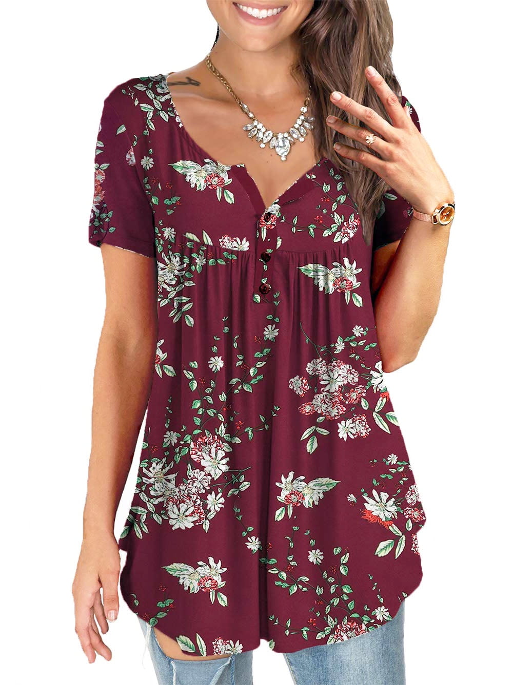 VERABENDI Women's Tops Plus Size Short Sleeve Summer Floral Henley