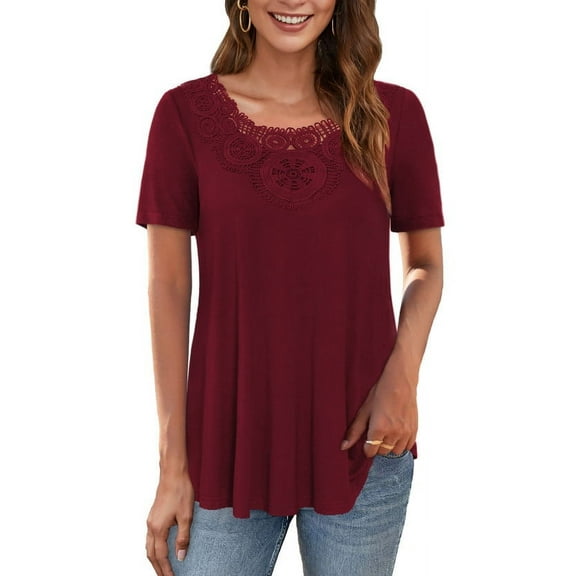 VERABENDI Women's Tops Plus Size Short Sleeves Loose Fit Tunic Shirts Lace patchwork round neck Lady Blouses, M-4XL