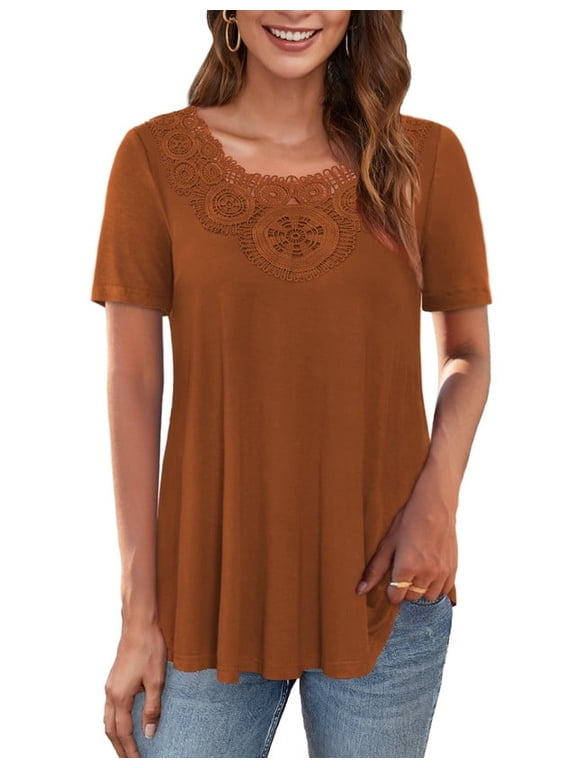 Women's Tops Plus Size Short Sleeves Loose Fit Tunic Shirts Lace patchwork round neck Lady Blouses, M-4XL