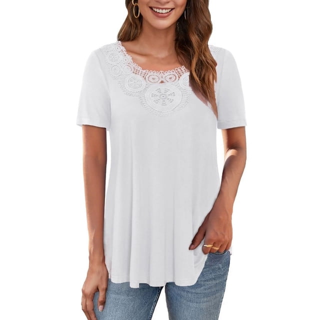 VERABENDI Women's Tops Plus Size Short Sleeves Loose Fit Tunic Shirts Lace patchwork round neck Lady Blouses, M-4XL