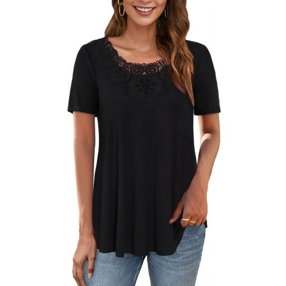 VERABENDI Women's Tops Plus Size Short Sleeves Loose Fit Tunic Shirts Lace patchwork round neck Lady Blouses, M-4XL