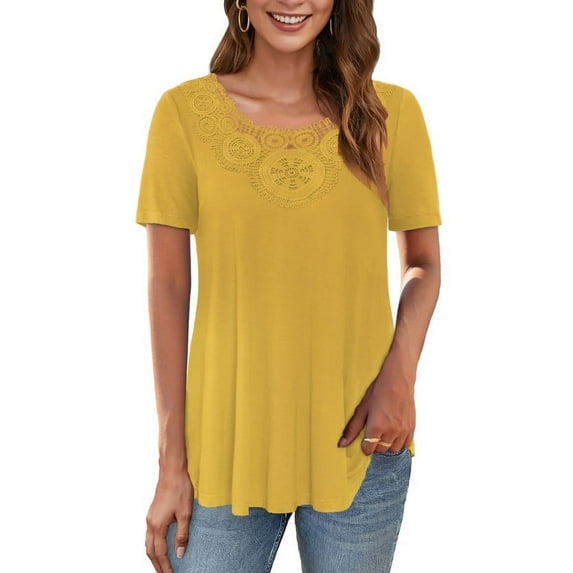 VERABENDI Women's Tops Plus Size Short Sleeves Loose Fit Tunic Shirts Lace patchwork round neck Lady Blouses, M-4XL