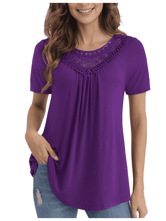 Women's Tops Plus Size Summer Casual Short Sleeve Lace Pleated Tunic Blouse M-4XL