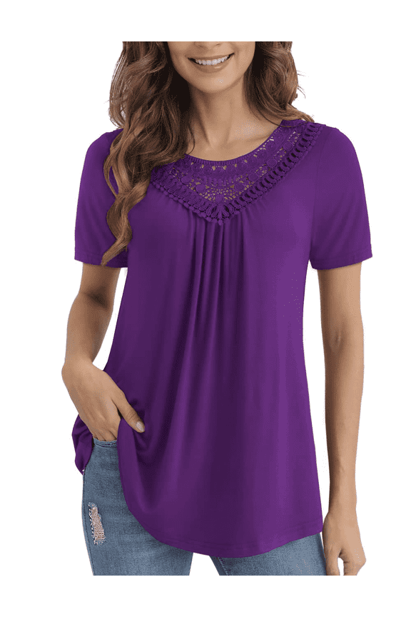 Women's Tops Plus Size Summer Casual Short Sleeve Lace Pleated Tunic Blouse M-4XL