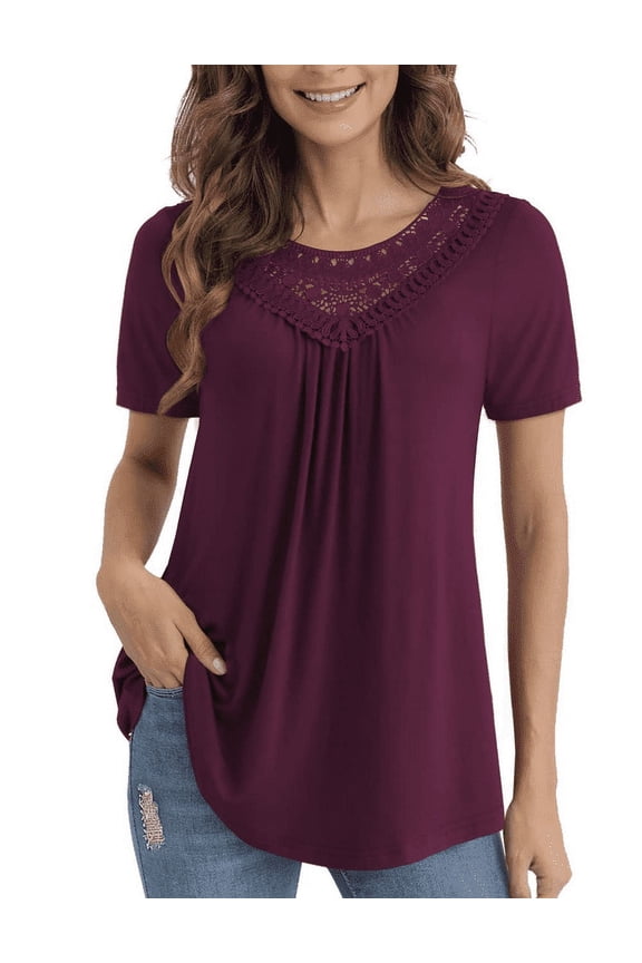 Women's Tops Plus Size Summer Casual Short Sleeve Lace Pleated Tunic Blouse M-4XL
