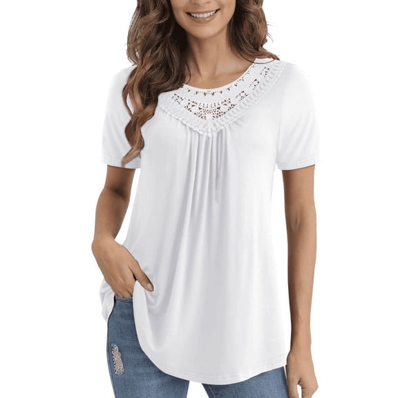 VERABENDI Women's Tops Plus Size Summer Casual Short Sleeve Lace Pleated Tunic Blouse M-4XL