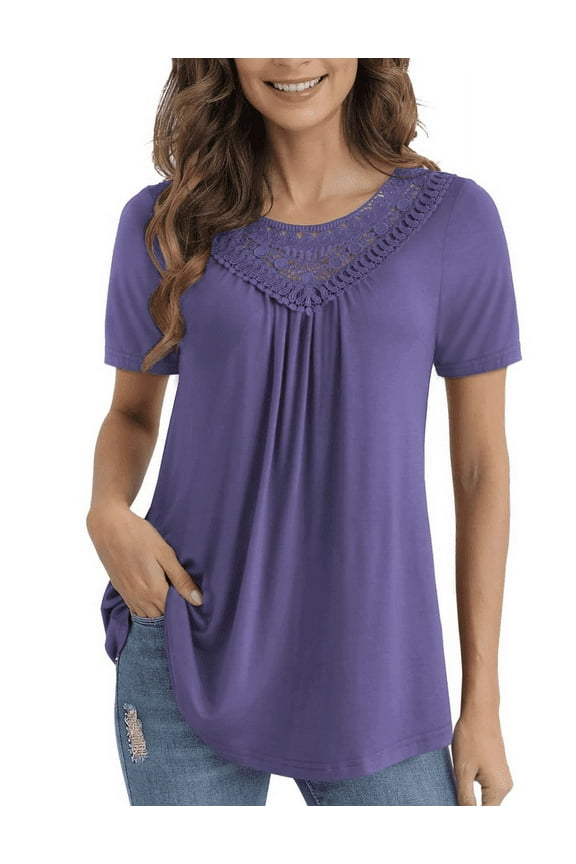 Women's Tops Plus Size Summer Casual Short Sleeve Lace Pleated Tunic Blouse M-4XL