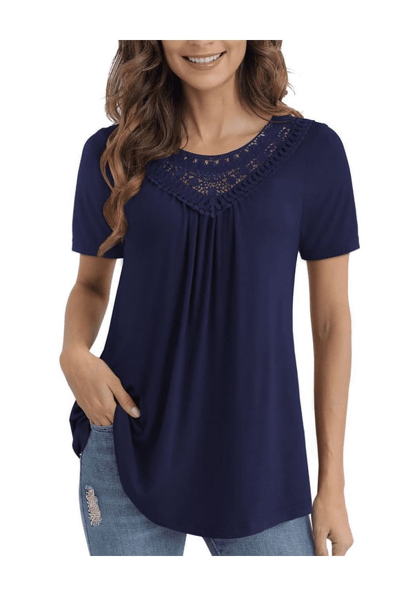 Women's Tops Plus Size Summer Casual Short Sleeve Lace Pleated Tunic Blouse M-4XL