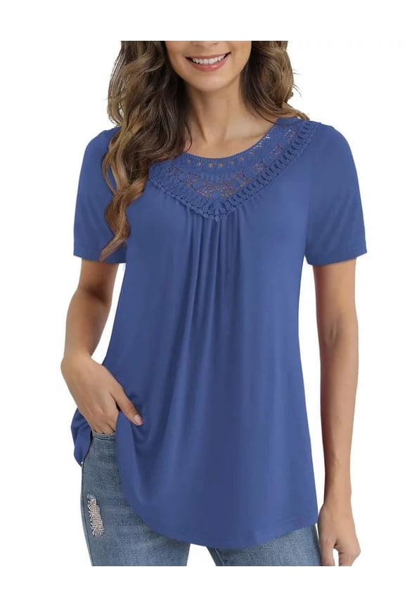 Women's Tops Plus Size Summer Casual Short Sleeve Lace Pleated Tunic Blouse M-4XL