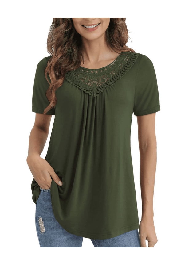 Women's Tops Plus Size Summer Casual Short Sleeve Lace Pleated Tunic Blouse M-4XL